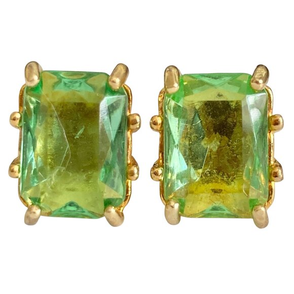 Vintage Green Glass Clip On Earrings Jeweled Cut Gold Plated Huggie 70's USA - Picture 1 of 10